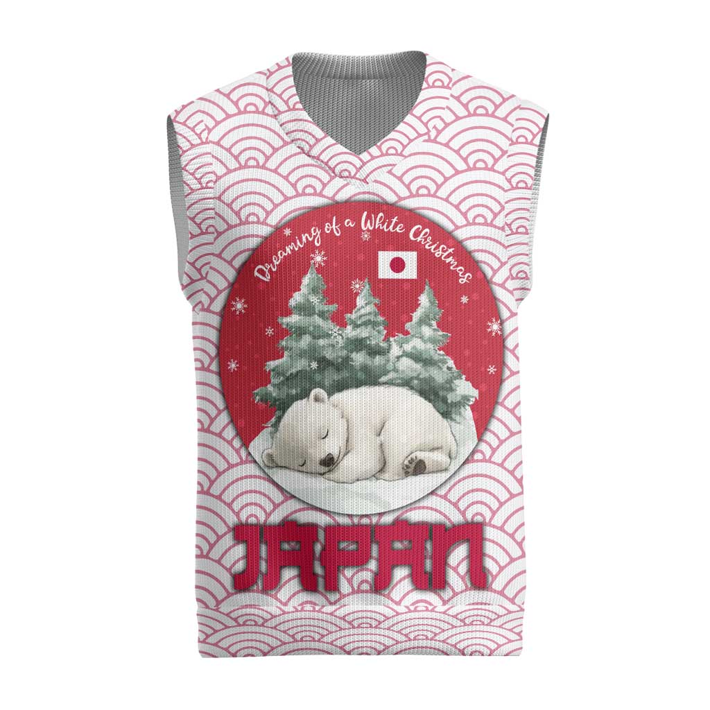 Japan Christmas Knitted V-Neck Vest with Sleeping Polar Bear Pine Trees and Chrysanthemum Crest Pattern - Wonder Print Shop
