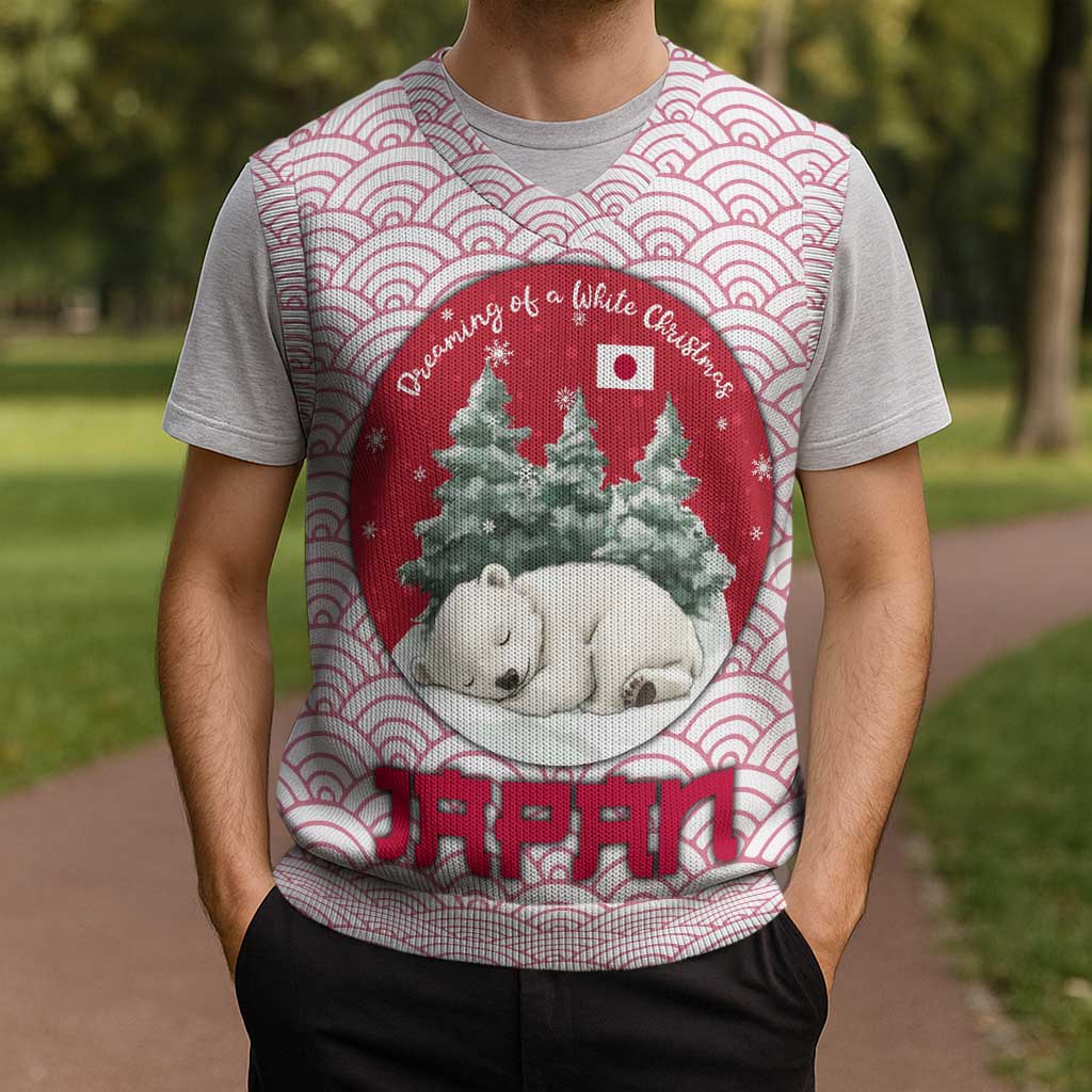 Japan Christmas Knitted V-Neck Vest with Sleeping Polar Bear Pine Trees and Chrysanthemum Crest Pattern - Wonder Print Shop