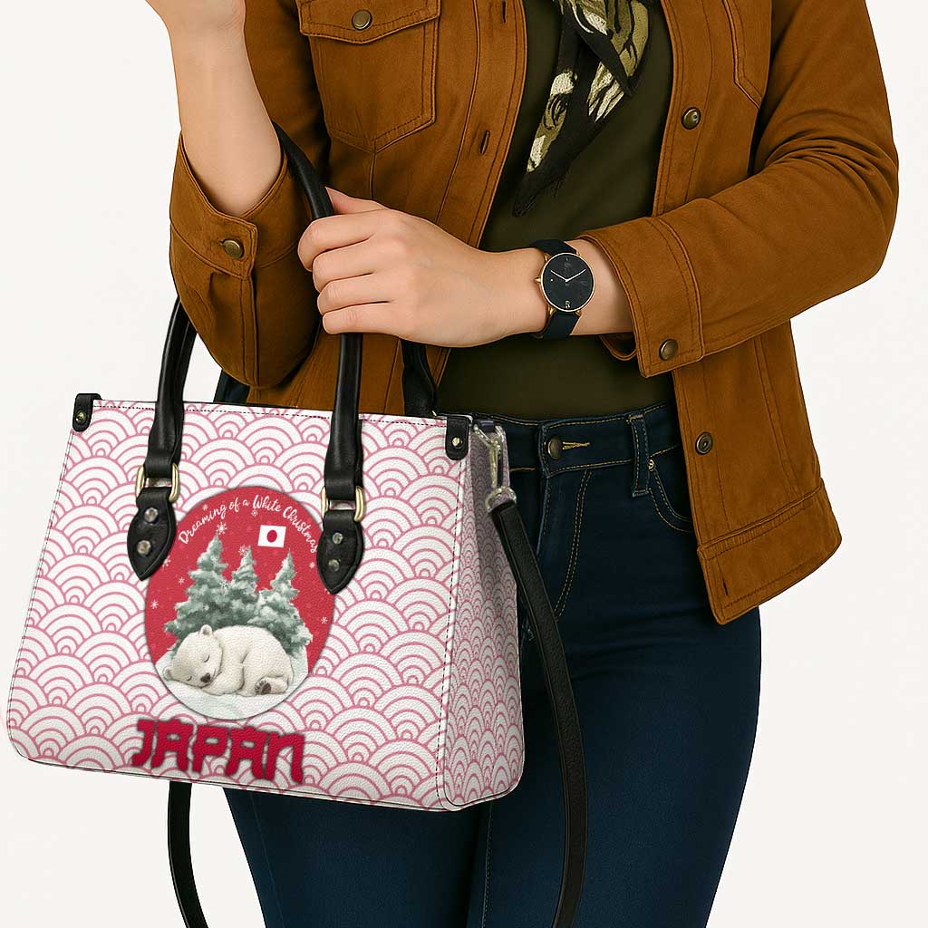 Japan Christmas Leather Bag with Sleeping Polar Bear Pine Trees and Chrysanthemum Crest Pattern - Wonder Print Shop