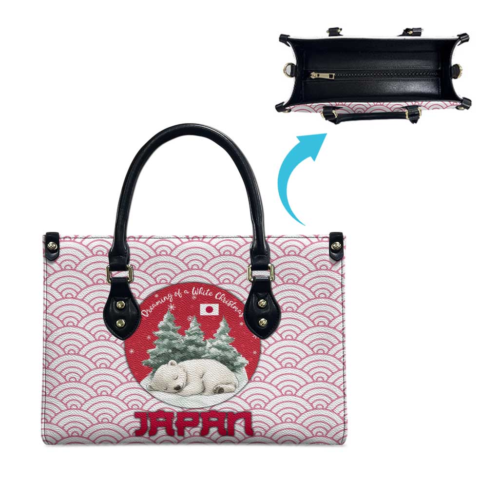 Japan Christmas Leather Bag with Sleeping Polar Bear Pine Trees and Chrysanthemum Crest Pattern - Wonder Print Shop