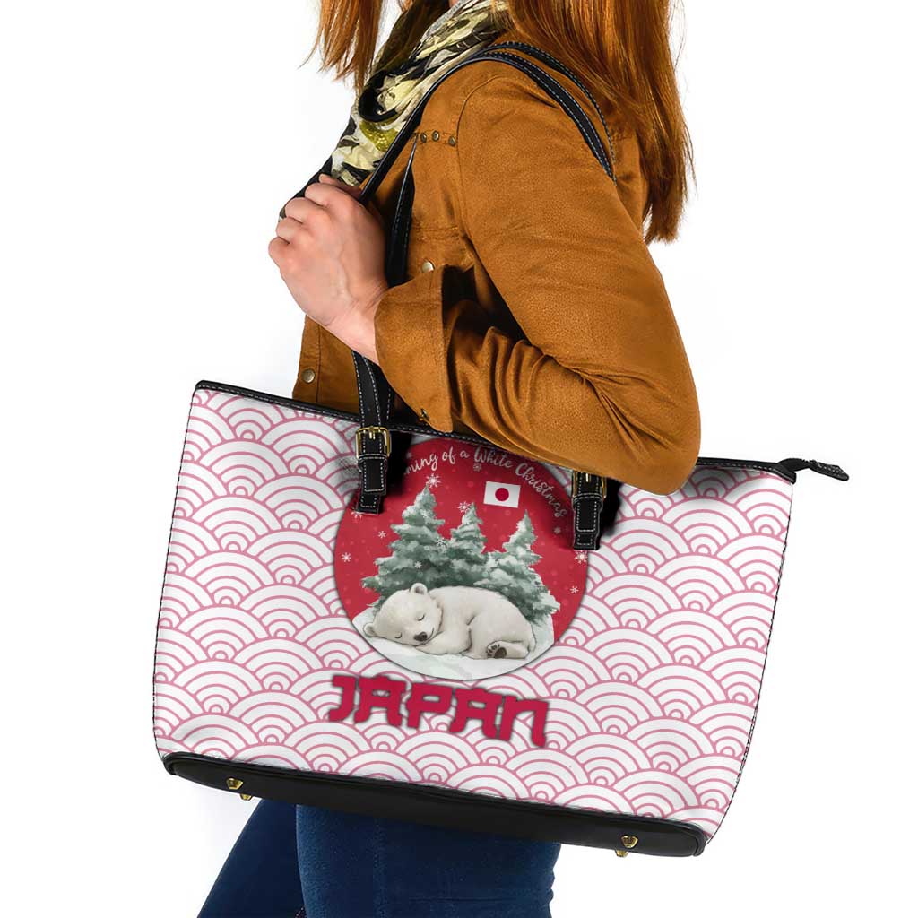 Japan Christmas Leather Tote Bag with Sleeping Polar Bear Pine Trees and Chrysanthemum Crest Pattern - Wonder Print Shop