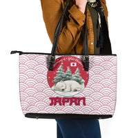 Japan Christmas Leather Tote Bag with Sleeping Polar Bear Pine Trees and Chrysanthemum Crest Pattern - Wonder Print Shop