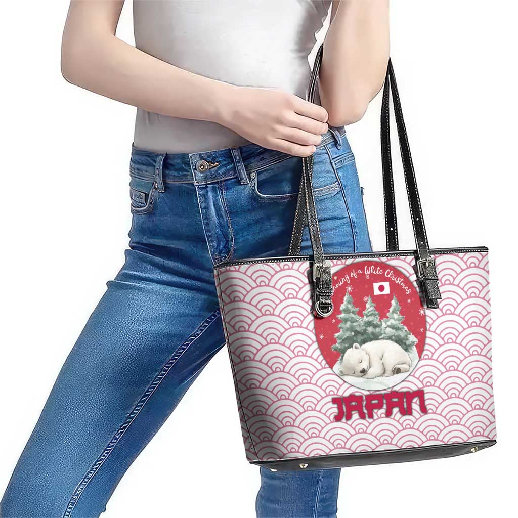 Japan Christmas Leather Tote Bag with Sleeping Polar Bear Pine Trees and Chrysanthemum Crest Pattern - Wonder Print Shop