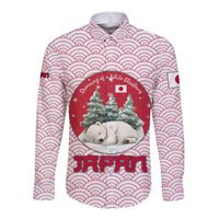 Japan Christmas Long Sleeve Button Shirt with Sleeping Polar Bear Pine Trees and Chrysanthemum Crest Pattern - Wonder Print Shop