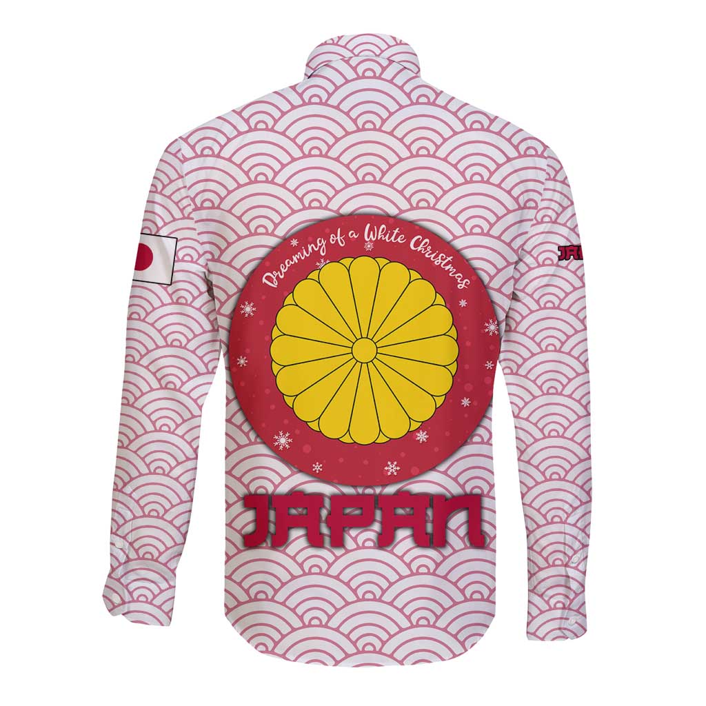 Japan Christmas Long Sleeve Button Shirt with Sleeping Polar Bear Pine Trees and Chrysanthemum Crest Pattern - Wonder Print Shop