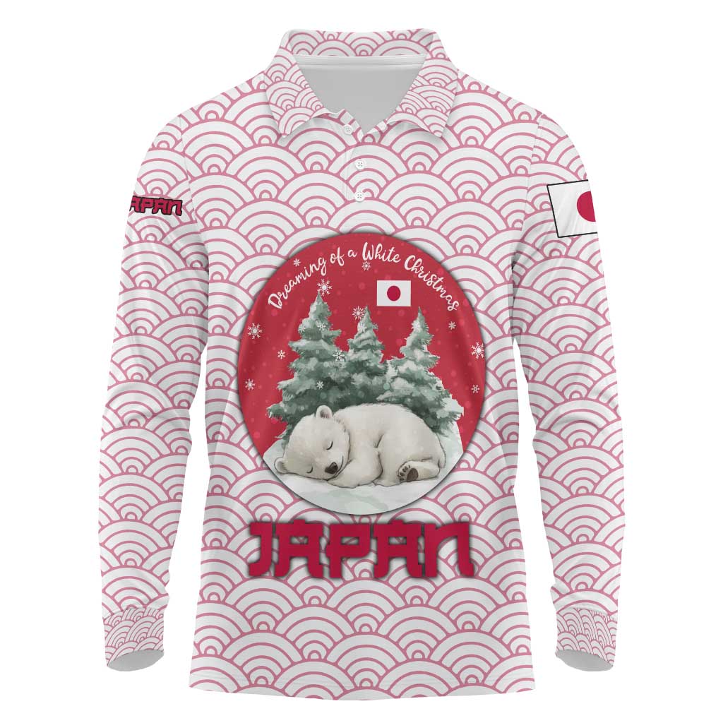 Japan Christmas Long Sleeve Polo Shirt with Sleeping Polar Bear Pine Trees and Chrysanthemum Crest Pattern - Wonder Print Shop