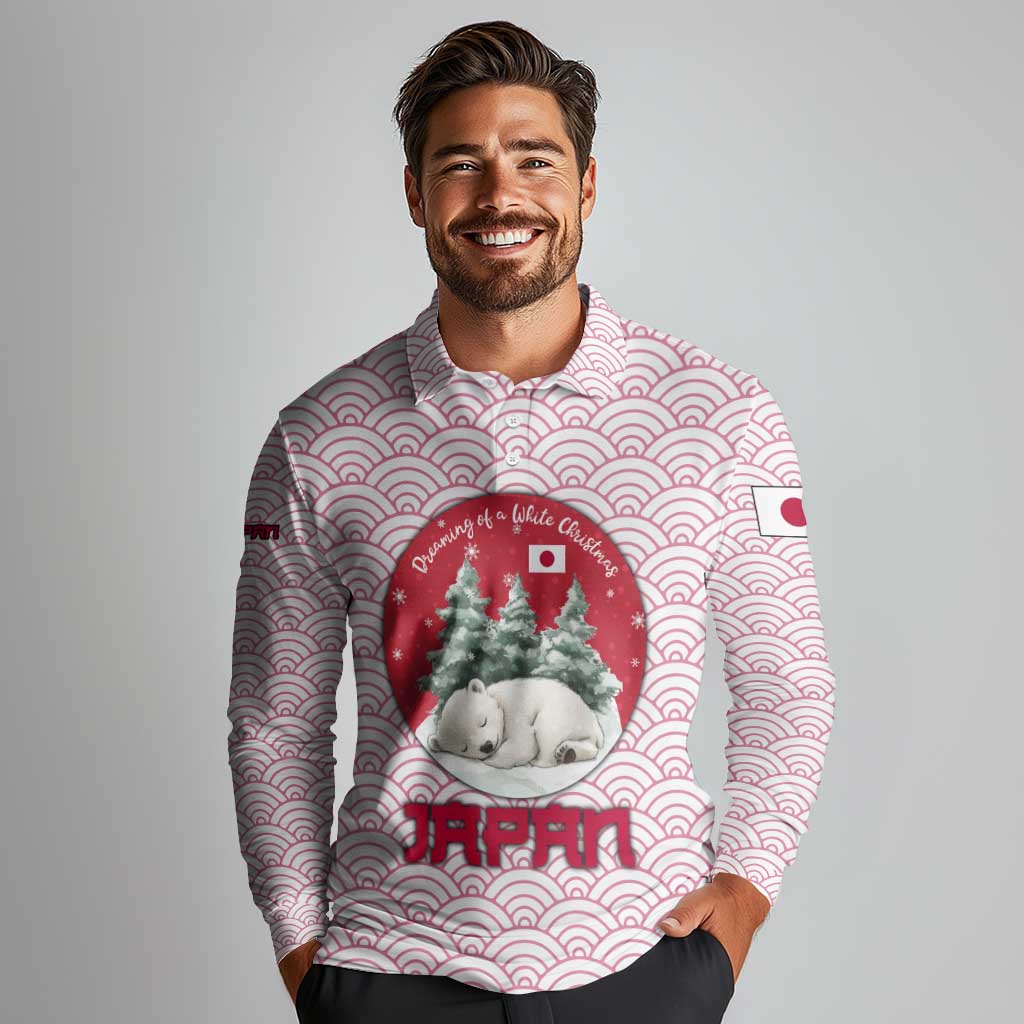 Japan Christmas Long Sleeve Polo Shirt with Sleeping Polar Bear Pine Trees and Chrysanthemum Crest Pattern - Wonder Print Shop