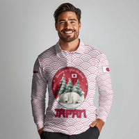 Japan Christmas Long Sleeve Polo Shirt with Sleeping Polar Bear Pine Trees and Chrysanthemum Crest Pattern - Wonder Print Shop