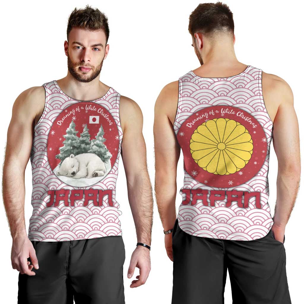 Japan Christmas Men Tank Top with Sleeping Polar Bear Pine Trees and Chrysanthemum Crest Pattern - Wonder Print Shop