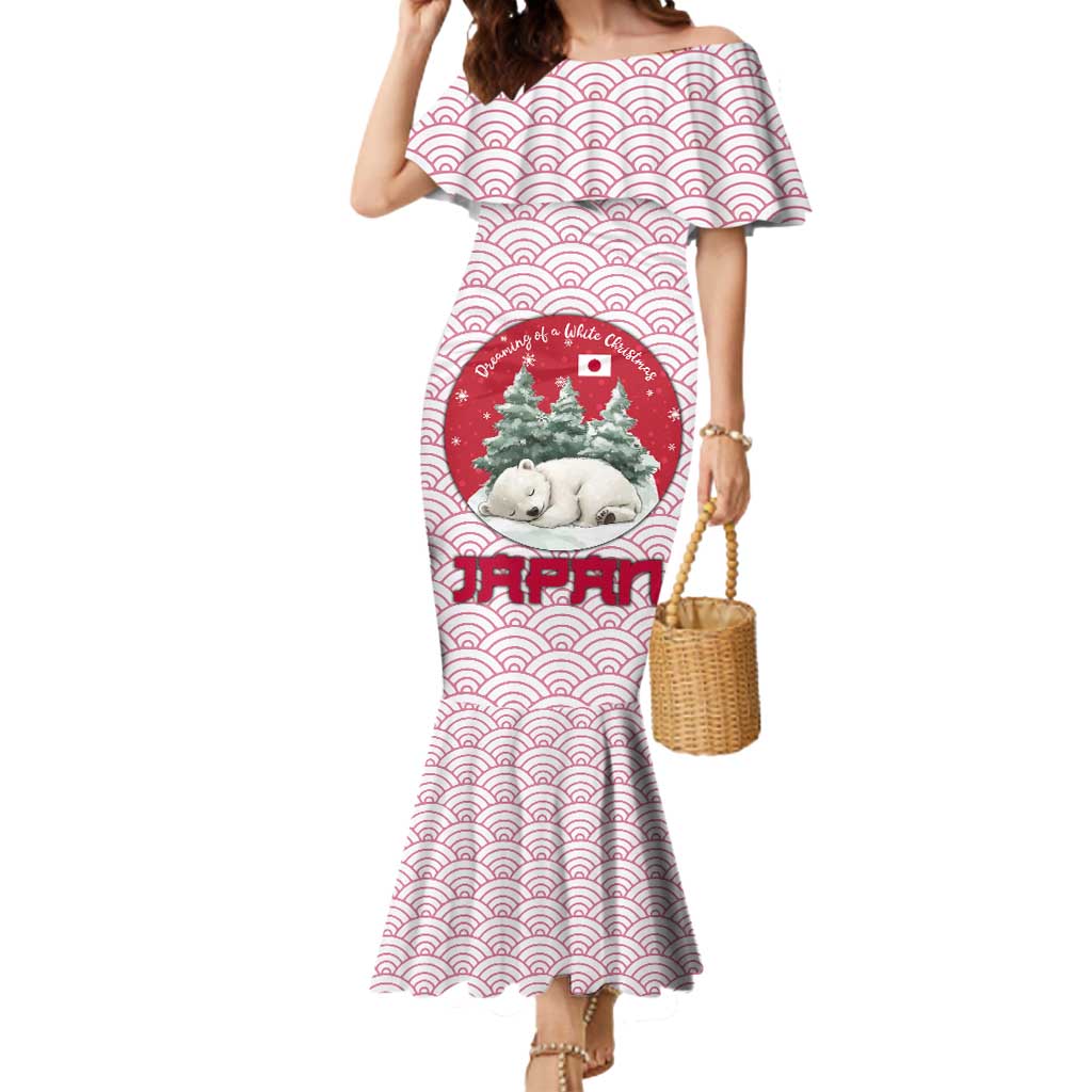Japan Christmas Mermaid Dress with Sleeping Polar Bear Pine Trees and Chrysanthemum Crest Pattern - Wonder Print Shop