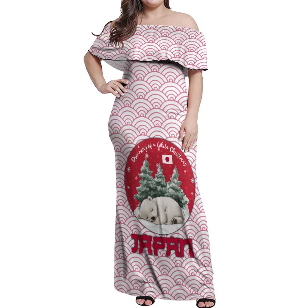 Japan Christmas Off Shoulder Maxi Dress with Sleeping Polar Bear Pine Trees and Chrysanthemum Crest Pattern - Wonder Print Shop