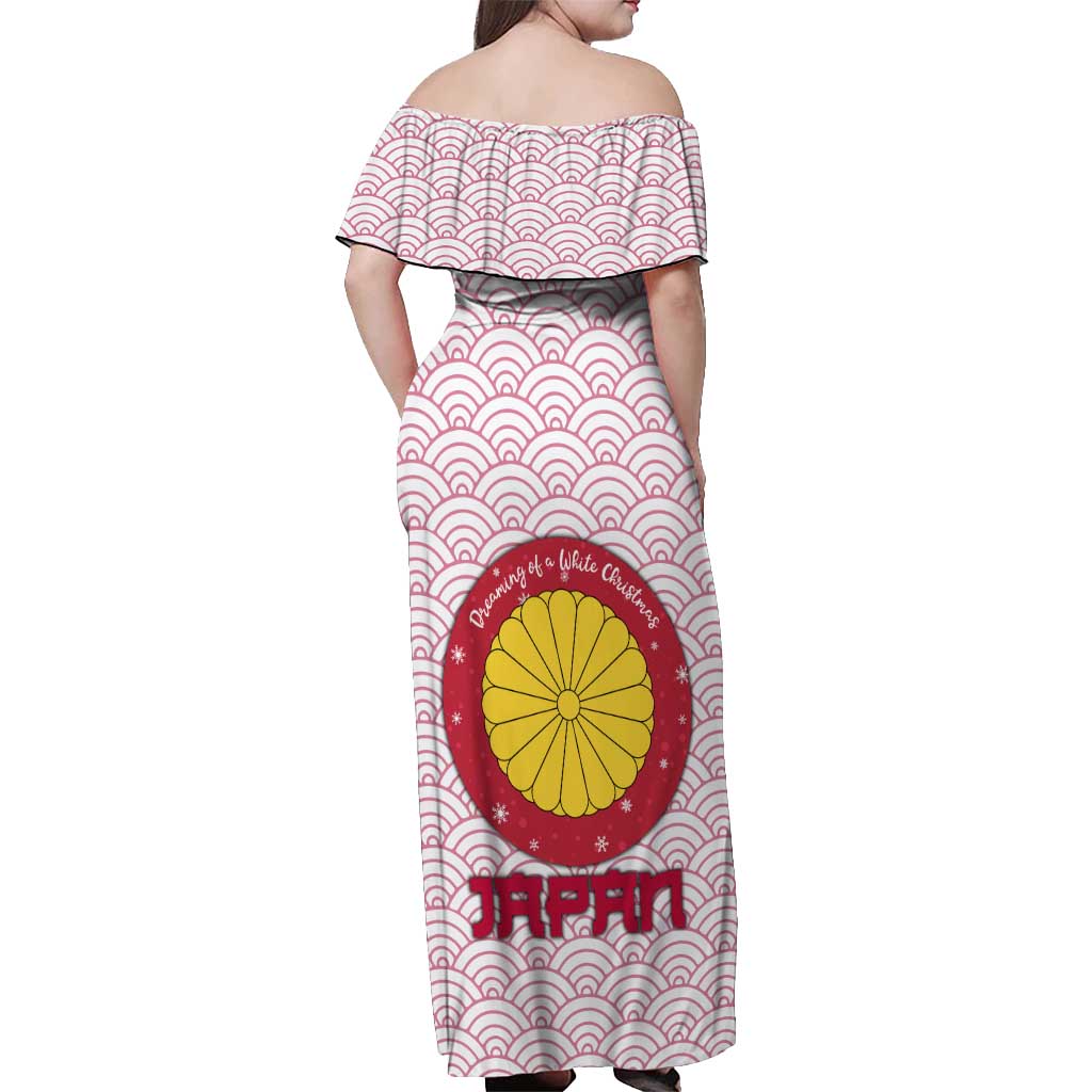 Japan Christmas Off Shoulder Maxi Dress with Sleeping Polar Bear Pine Trees and Chrysanthemum Crest Pattern - Wonder Print Shop