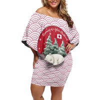 Japan Christmas Off Shoulder Short Dress with Sleeping Polar Bear Pine Trees and Chrysanthemum Crest Pattern - Wonder Print Shop