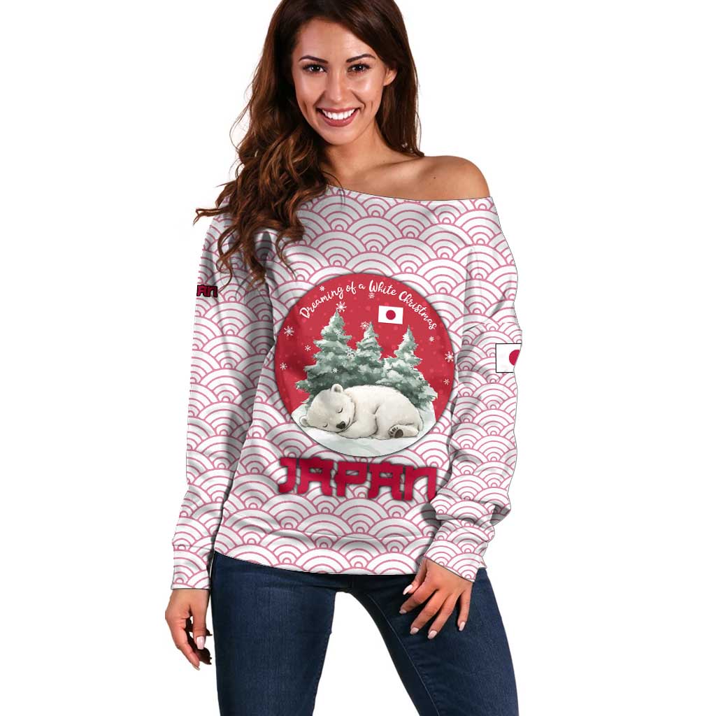 Japan Christmas Off Shoulder Sweater with Sleeping Polar Bear Pine Trees and Chrysanthemum Crest Pattern - Wonder Print Shop