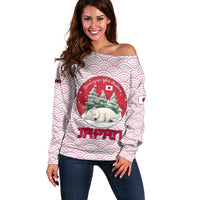 Japan Christmas Off Shoulder Sweater with Sleeping Polar Bear Pine Trees and Chrysanthemum Crest Pattern - Wonder Print Shop