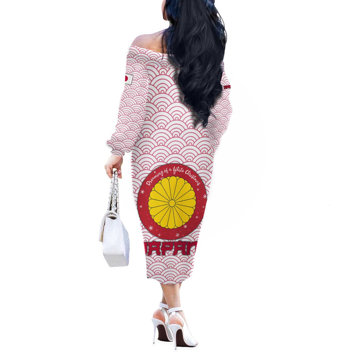 Japan Christmas Off The Shoulder Long Sleeve Dress with Sleeping Polar Bear Pine Trees and Chrysanthemum Crest Pattern - Wonder Print Shop