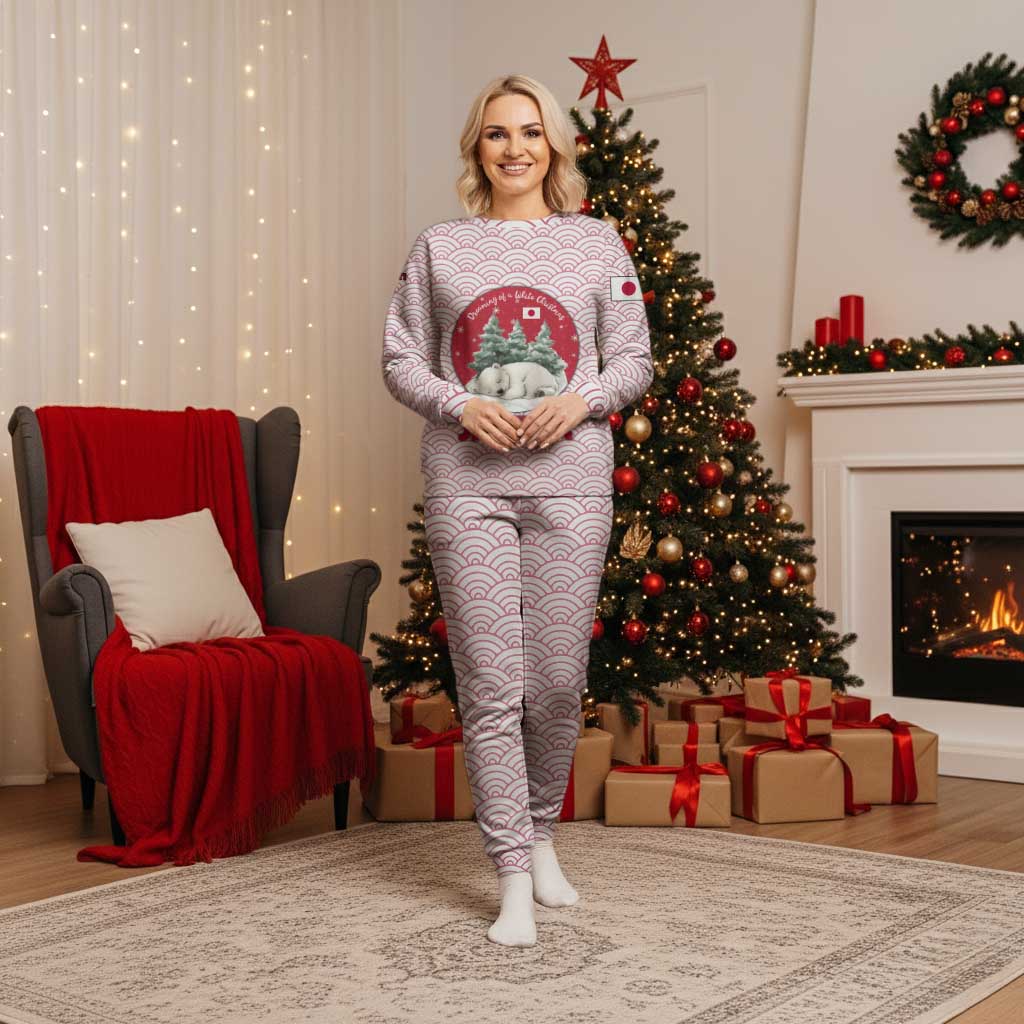 Japan Christmas Pajama Set with Sleeping Polar Bear Pine Trees and Chrysanthemum Crest Pattern - Wonder Print Shop