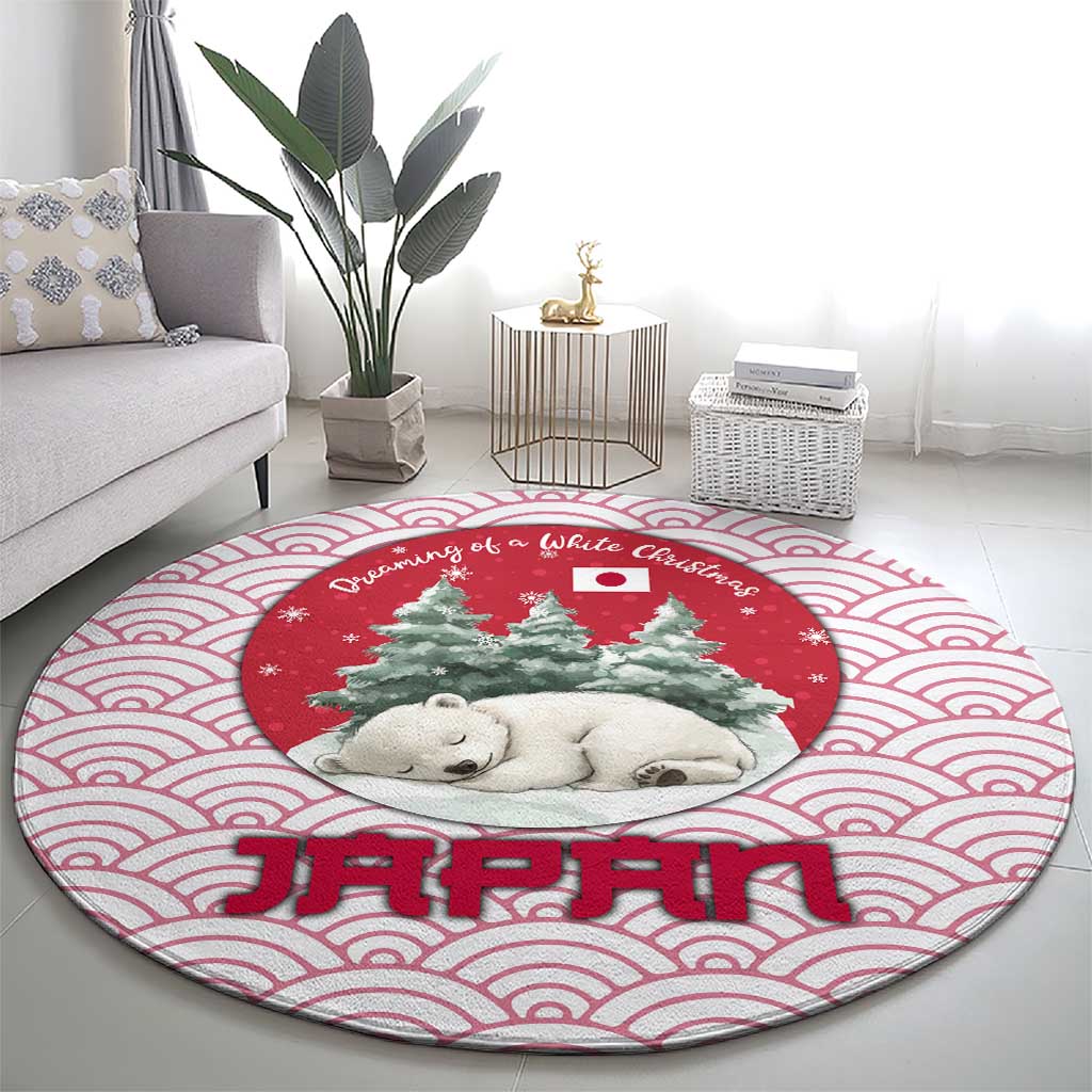 Japan Christmas Round Carpet with Sleeping Polar Bear Pine Trees and Chrysanthemum Crest Pattern - Wonder Print Shop