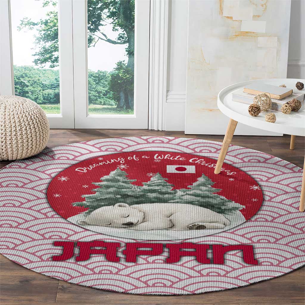 Japan Christmas Round Carpet with Sleeping Polar Bear Pine Trees and Chrysanthemum Crest Pattern - Wonder Print Shop