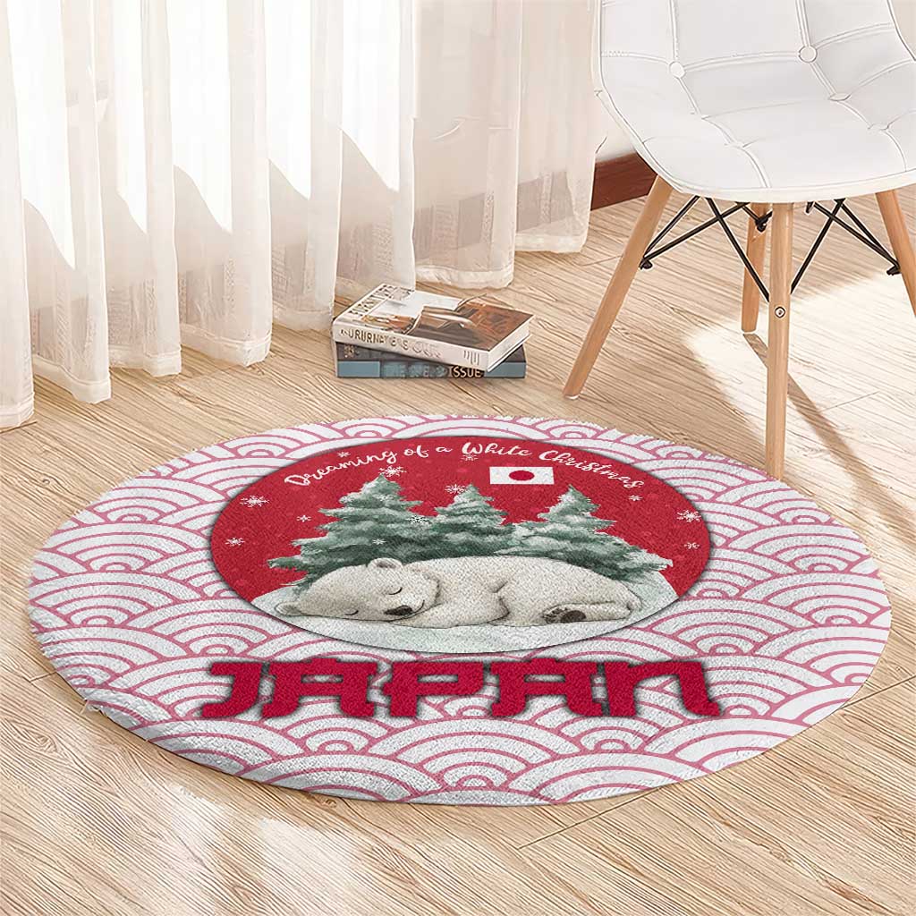 Japan Christmas Round Carpet with Sleeping Polar Bear Pine Trees and Chrysanthemum Crest Pattern - Wonder Print Shop