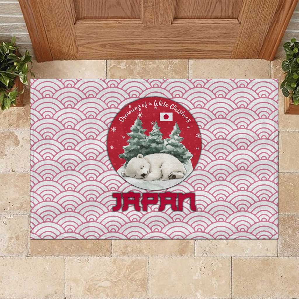 Japan Christmas Rubber Doormat with Sleeping Polar Bear Pine Trees and Chrysanthemum Crest Pattern - Wonder Print Shop