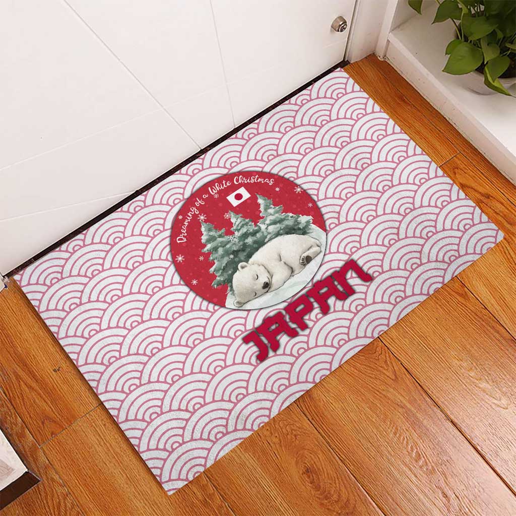 Japan Christmas Rubber Doormat with Sleeping Polar Bear Pine Trees and Chrysanthemum Crest Pattern - Wonder Print Shop