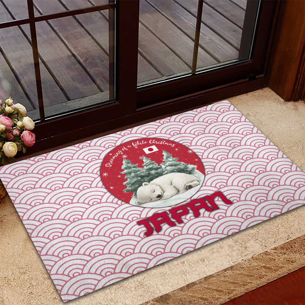 Japan Christmas Rubber Doormat with Sleeping Polar Bear Pine Trees and Chrysanthemum Crest Pattern - Wonder Print Shop