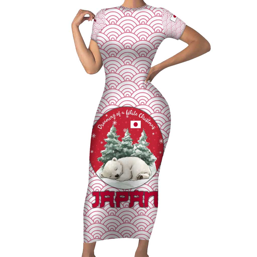 Japan Christmas Short Sleeve Bodycon Dress with Sleeping Polar Bear Pine Trees and Chrysanthemum Crest Pattern - Wonder Print Shop