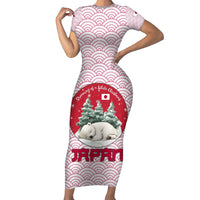 Japan Christmas Short Sleeve Bodycon Dress with Sleeping Polar Bear Pine Trees and Chrysanthemum Crest Pattern - Wonder Print Shop