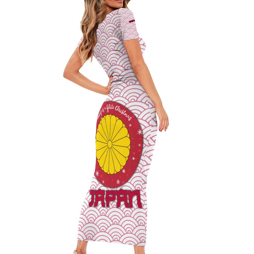 Japan Christmas Short Sleeve Bodycon Dress with Sleeping Polar Bear Pine Trees and Chrysanthemum Crest Pattern - Wonder Print Shop