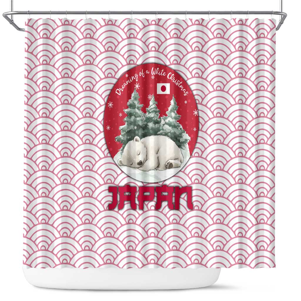 Japan Christmas Shower Curtain with Sleeping Polar Bear Pine Trees and Chrysanthemum Crest Pattern - Wonder Print Shop