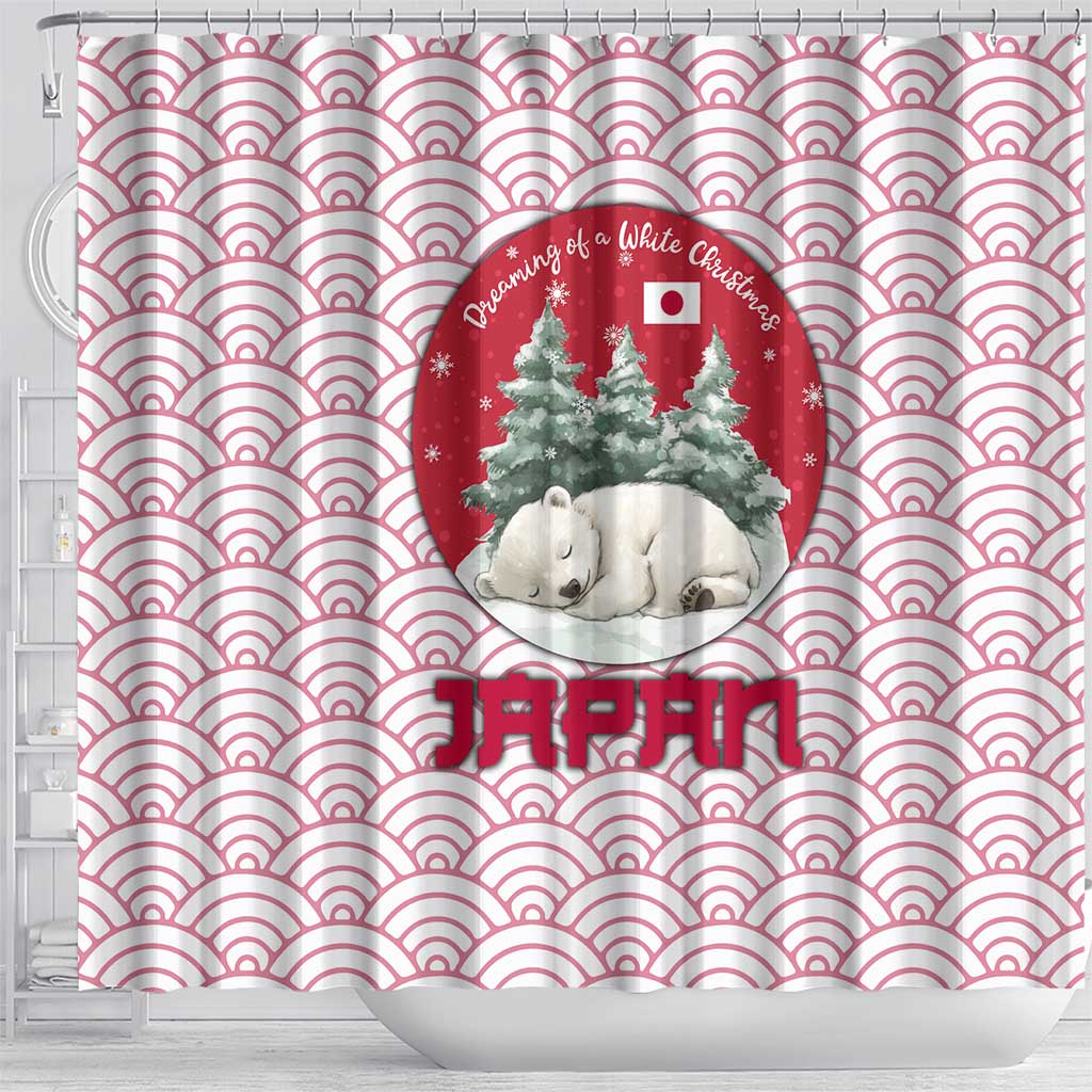 Japan Christmas Shower Curtain with Sleeping Polar Bear Pine Trees and Chrysanthemum Crest Pattern - Wonder Print Shop