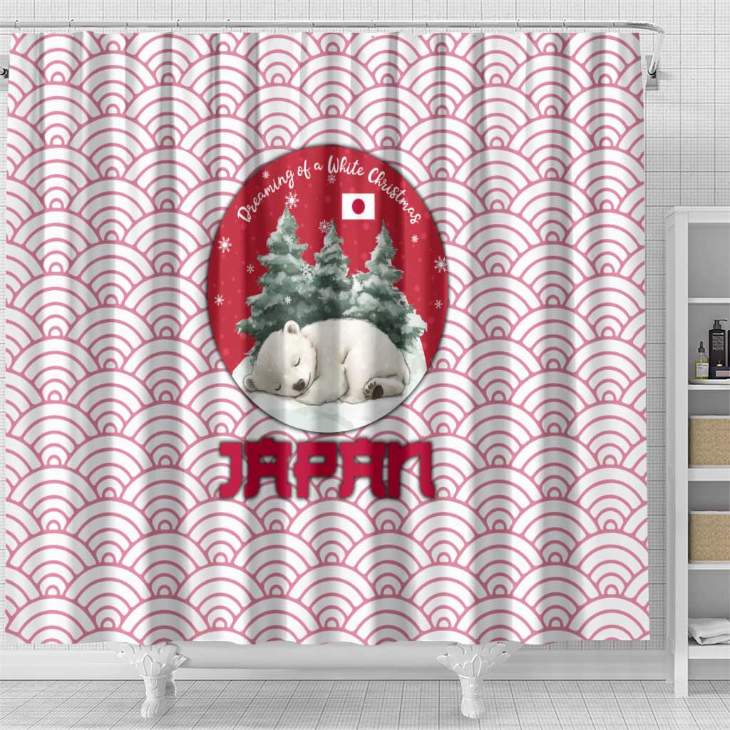 Japan Christmas Shower Curtain with Sleeping Polar Bear Pine Trees and Chrysanthemum Crest Pattern - Wonder Print Shop
