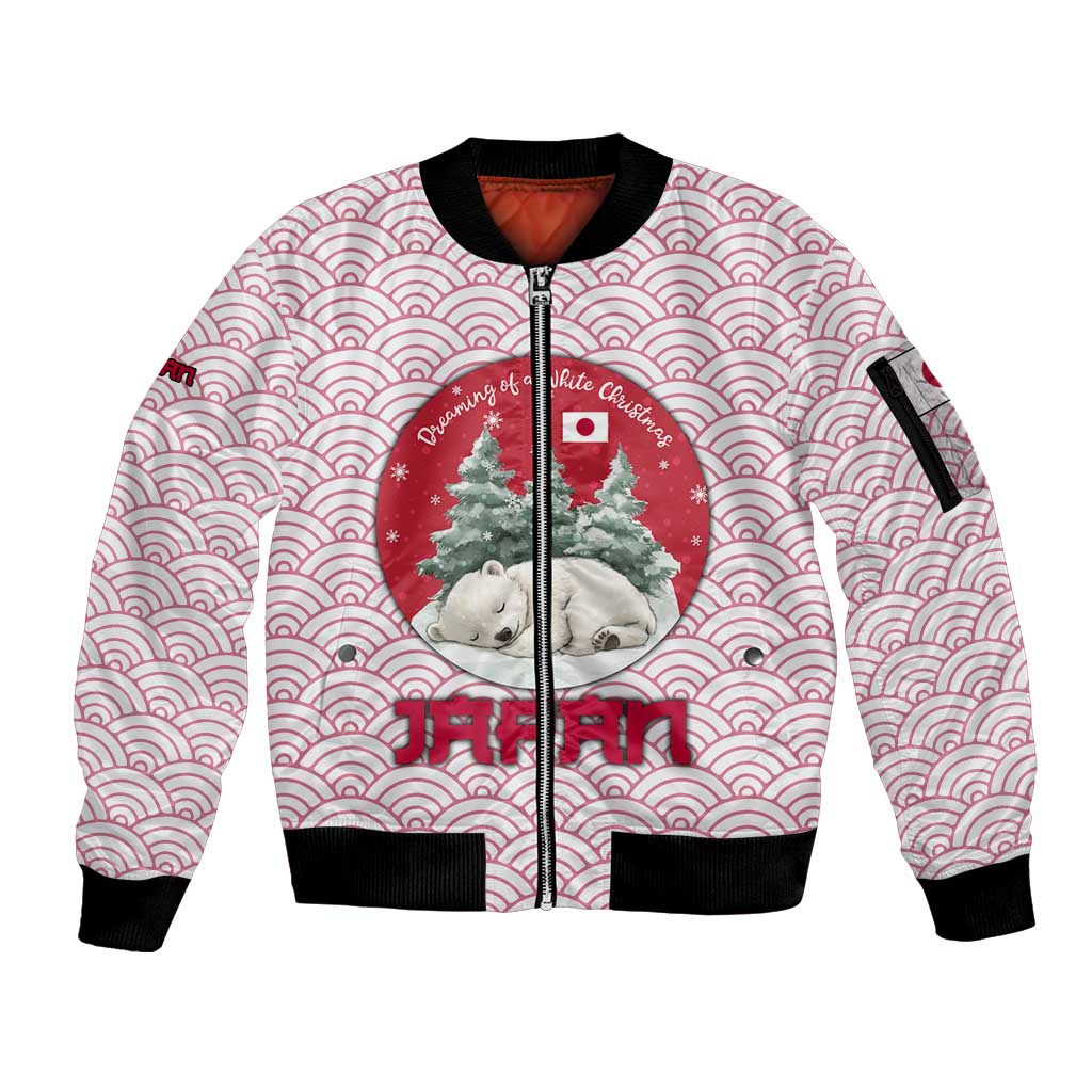 Japan Christmas Sleeve Zip Bomber Jacket with Sleeping Polar Bear Pine Trees and Chrysanthemum Crest Pattern - Wonder Print Shop