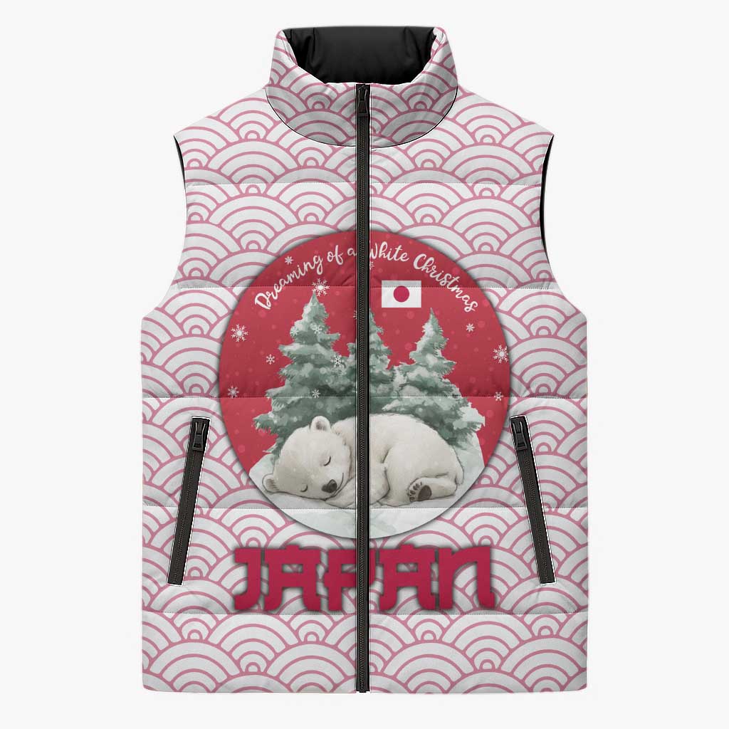 Japan Christmas Sleeveless Puffer Jacket with Sleeping Polar Bear Pine Trees and Chrysanthemum Crest Pattern - Wonder Print Shop