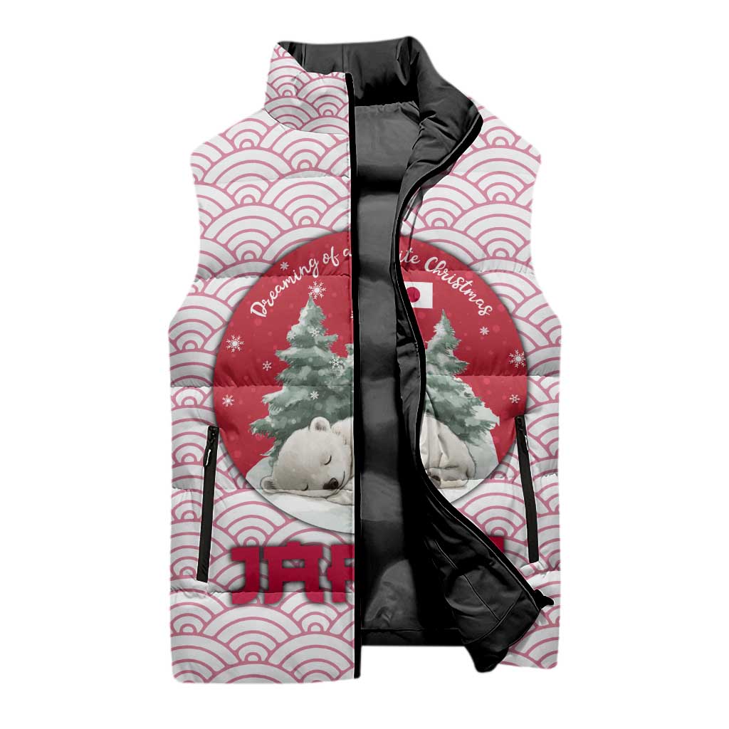 Japan Christmas Sleeveless Puffer Jacket with Sleeping Polar Bear Pine Trees and Chrysanthemum Crest Pattern - Wonder Print Shop