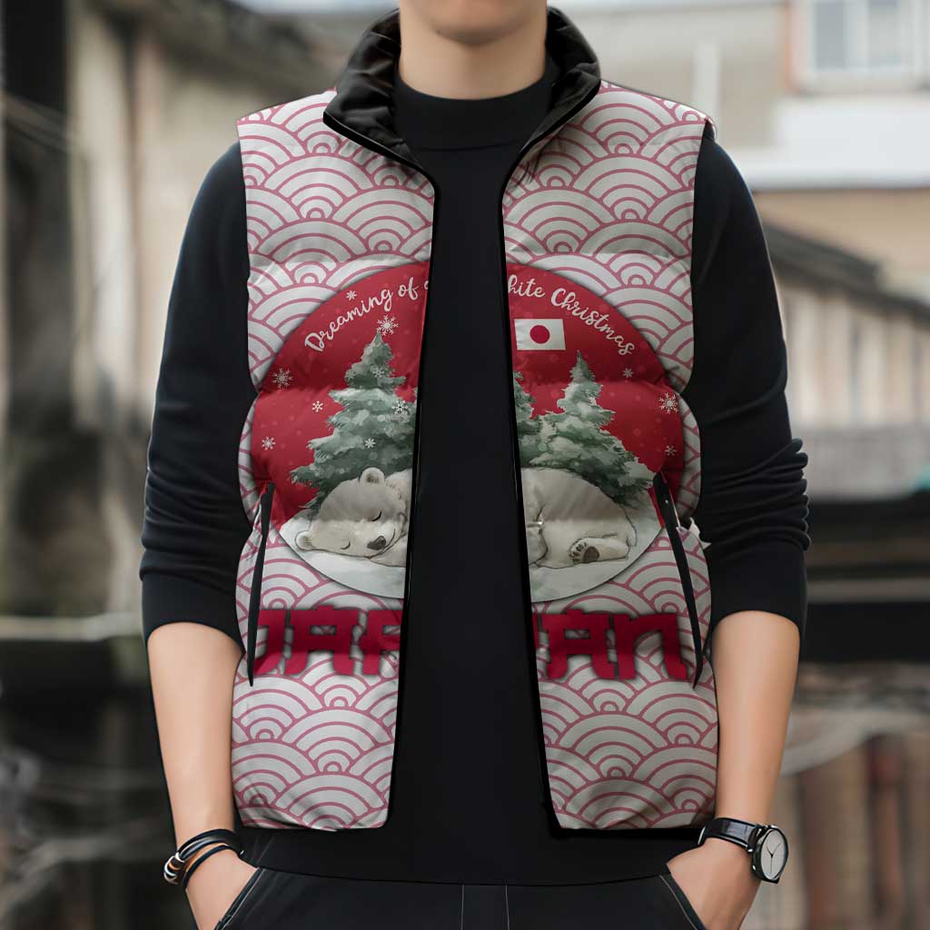Japan Christmas Sleeveless Puffer Jacket with Sleeping Polar Bear Pine Trees and Chrysanthemum Crest Pattern - Wonder Print Shop