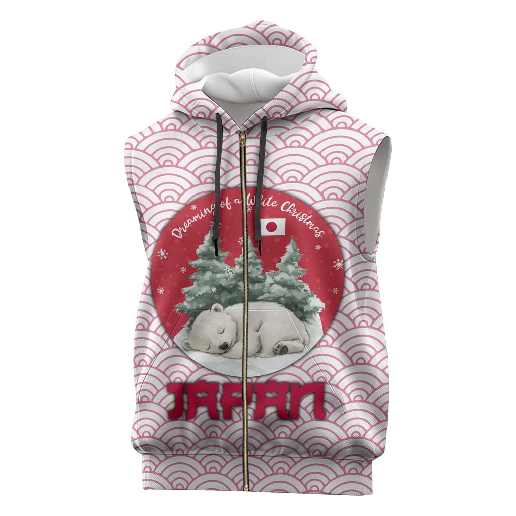 Japan Christmas Sleeveless Zip Hoodie with Sleeping Polar Bear Pine Trees and Chrysanthemum Crest Pattern - Wonder Print Shop