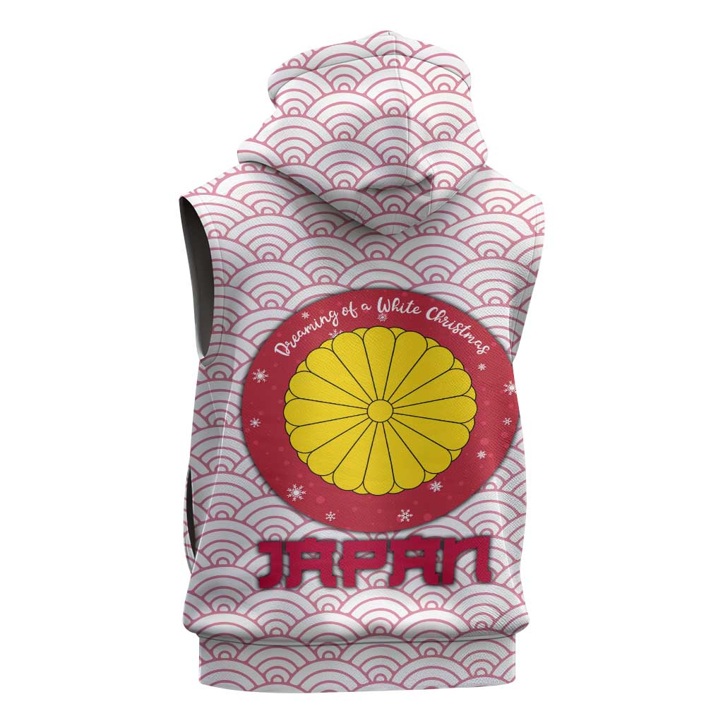 Japan Christmas Sleeveless Zip Hoodie with Sleeping Polar Bear Pine Trees and Chrysanthemum Crest Pattern - Wonder Print Shop