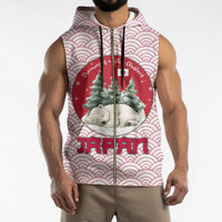 Japan Christmas Sleeveless Zip Hoodie with Sleeping Polar Bear Pine Trees and Chrysanthemum Crest Pattern - Wonder Print Shop