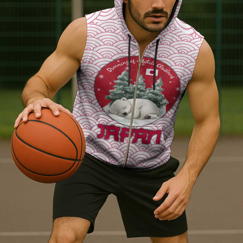 Japan Christmas Sleeveless Zip Hoodie with Sleeping Polar Bear Pine Trees and Chrysanthemum Crest Pattern - Wonder Print Shop