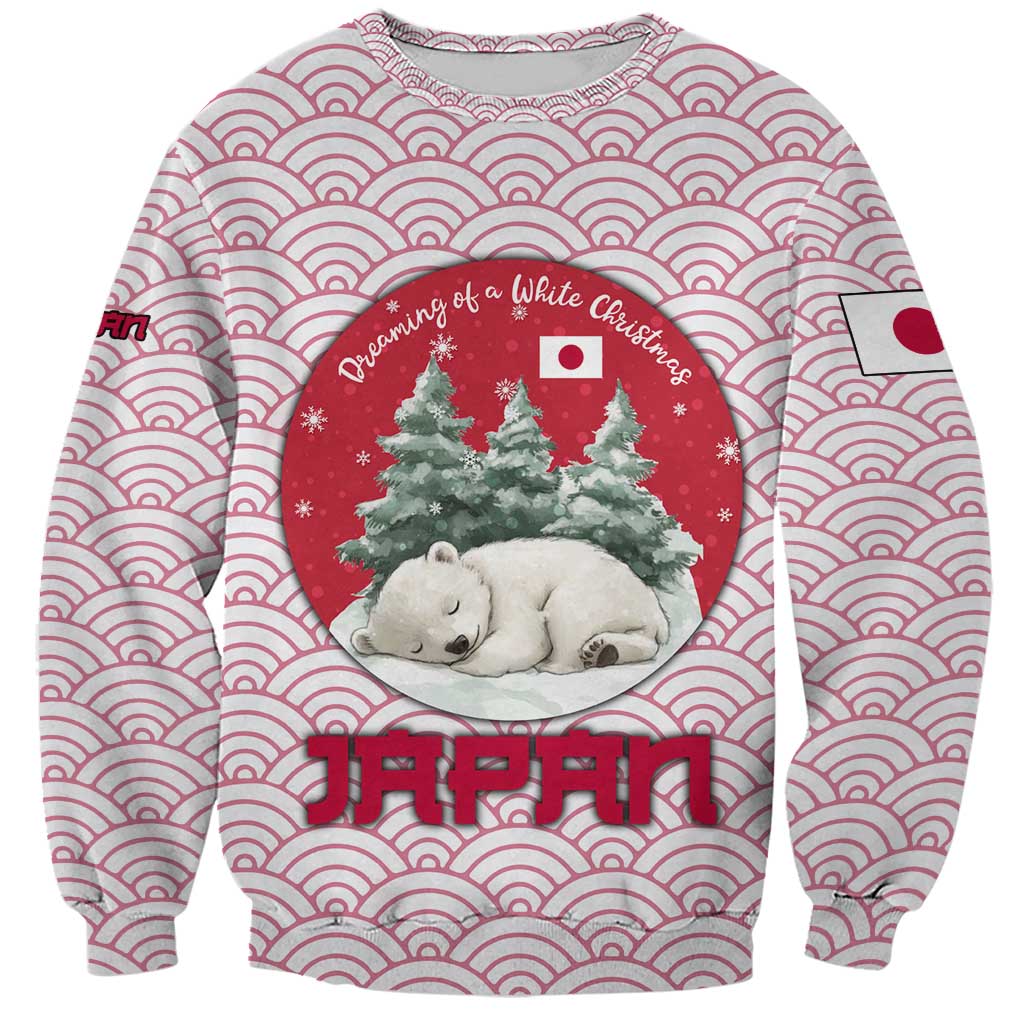 Japan Christmas Sweatshirt with Sleeping Polar Bear Pine Trees and Chrysanthemum Crest Pattern - Wonder Print Shop