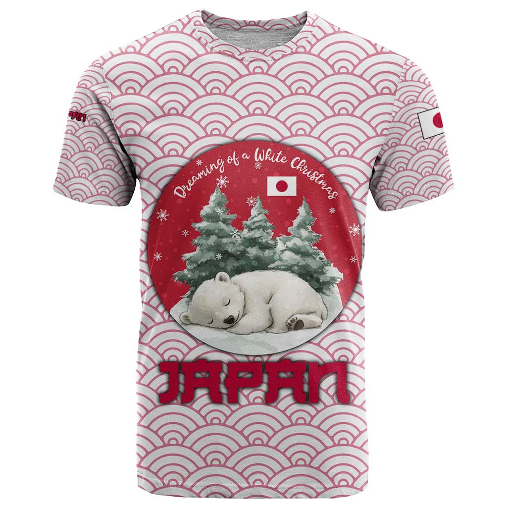 Japan Christmas T Shirt with Sleeping Polar Bear Pine Trees and Chrysanthemum Crest Pattern - Wonder Print Shop