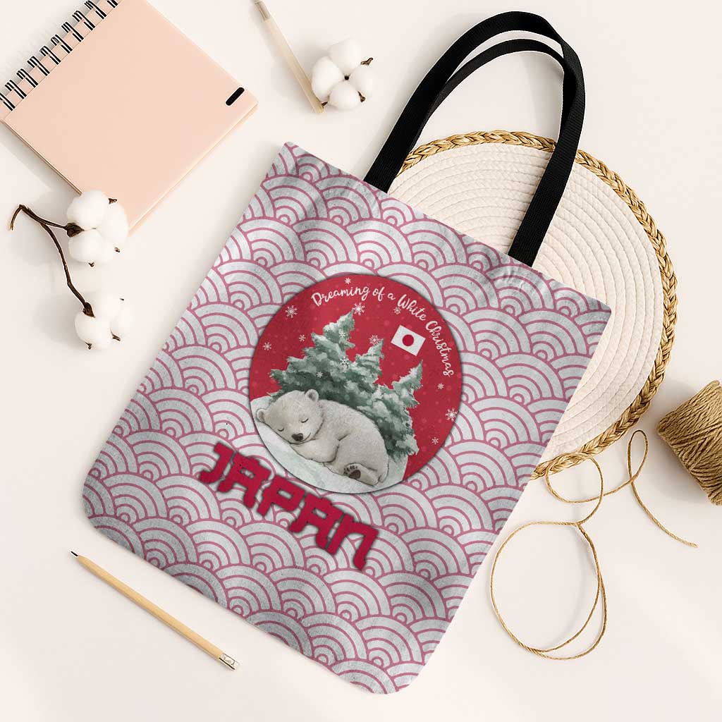 Japan Christmas Tote Bag with Sleeping Polar Bear Pine Trees and Chrysanthemum Crest Pattern - Wonder Print Shop