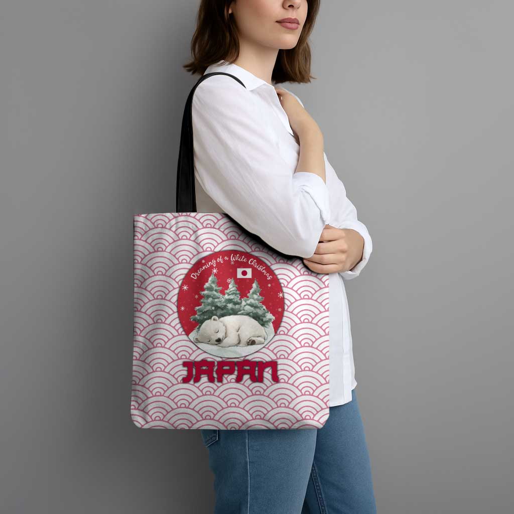 Japan Christmas Tote Bag with Sleeping Polar Bear Pine Trees and Chrysanthemum Crest Pattern - Wonder Print Shop