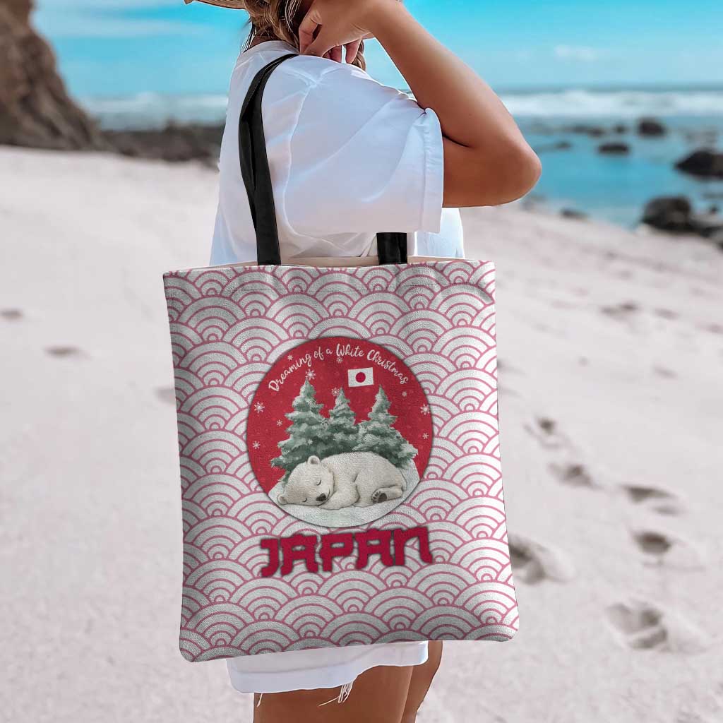 Japan Christmas Tote Bag with Sleeping Polar Bear Pine Trees and Chrysanthemum Crest Pattern - Wonder Print Shop