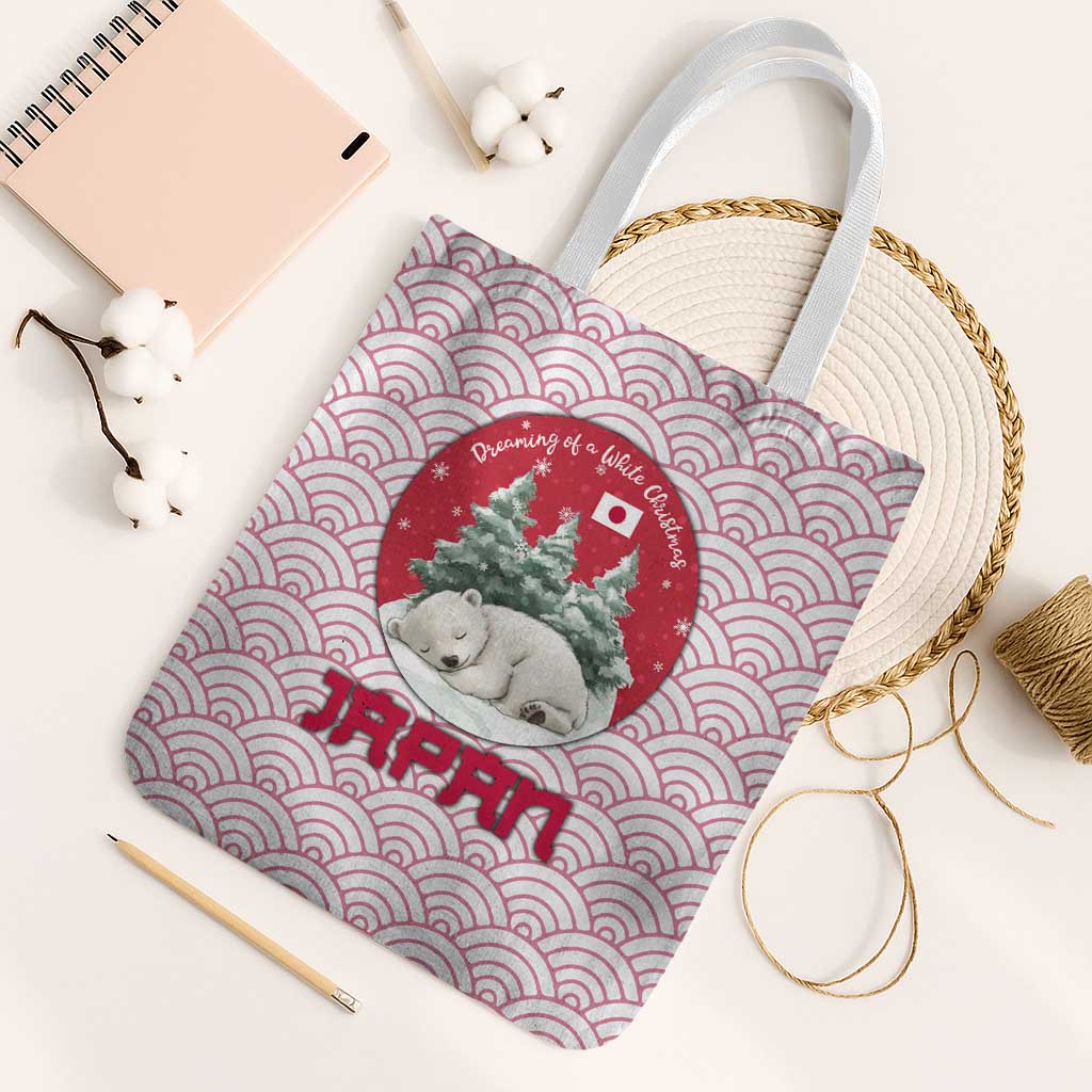 Japan Christmas Tote Bag with Sleeping Polar Bear Pine Trees and Chrysanthemum Crest Pattern - Wonder Print Shop