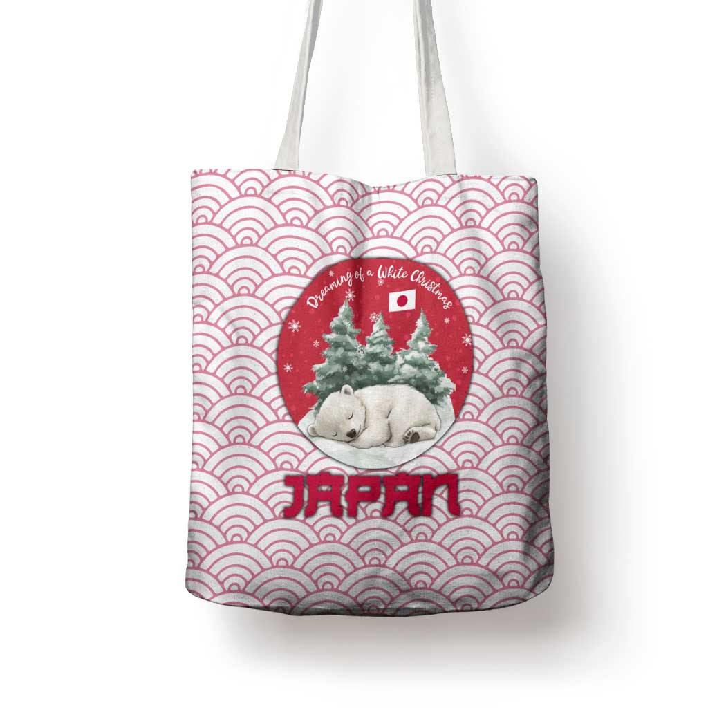 Japan Christmas Tote Bag with Sleeping Polar Bear Pine Trees and Chrysanthemum Crest Pattern - Wonder Print Shop