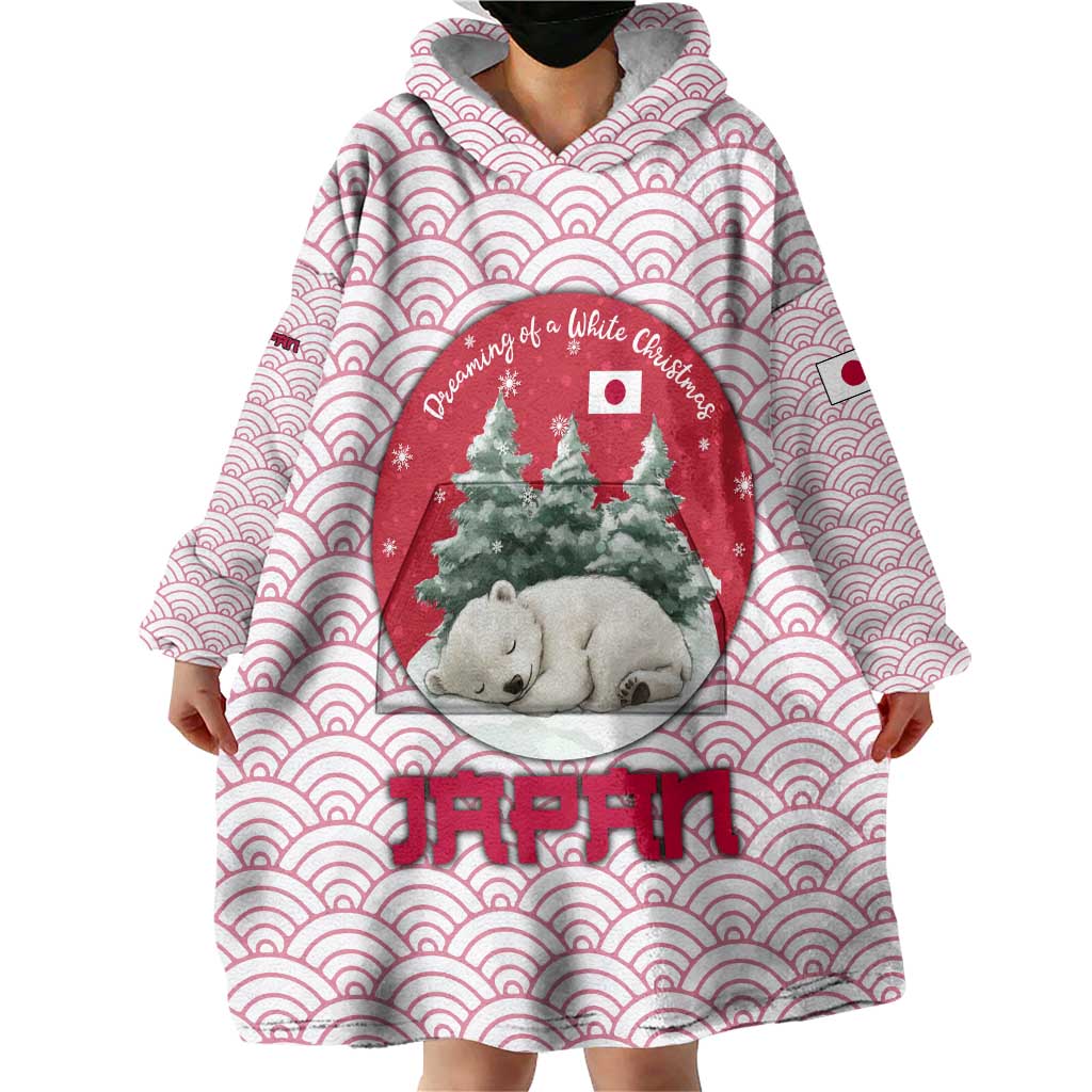Japan Christmas Wearable Blanket Hoodie with Sleeping Polar Bear Pine Trees and Chrysanthemum Crest Pattern - Wonder Print Shop