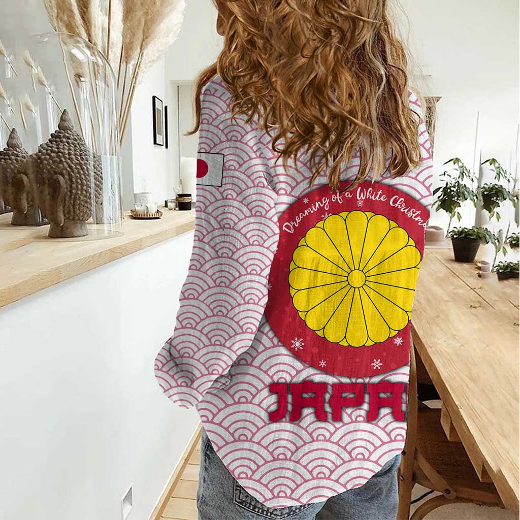 Japan Christmas Women Casual Shirt with Sleeping Polar Bear Pine Trees and Chrysanthemum Crest Pattern - Wonder Print Shop